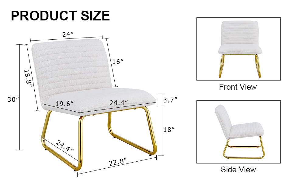 One White minimalist armless sofa chair with plush cushion and backrest paired with golden metal legs
