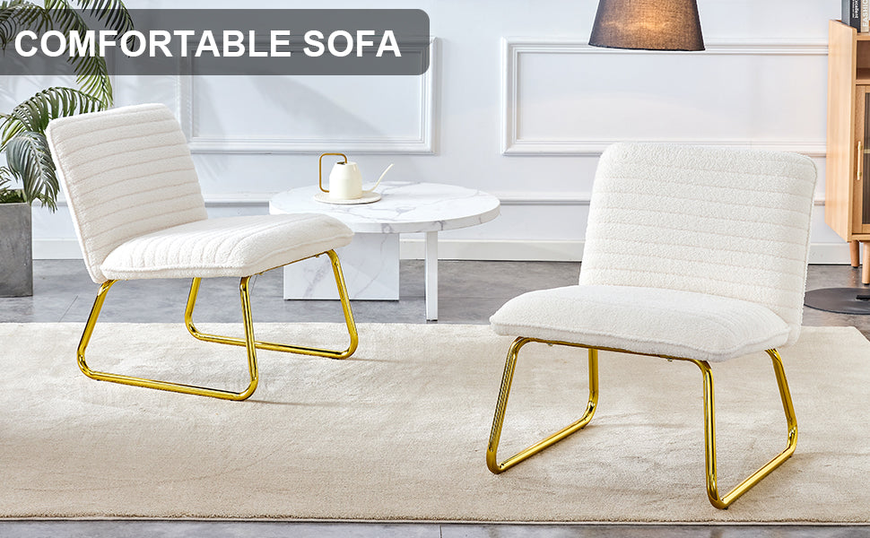 One White minimalist armless sofa chair with plush cushion and backrest paired with golden metal legs